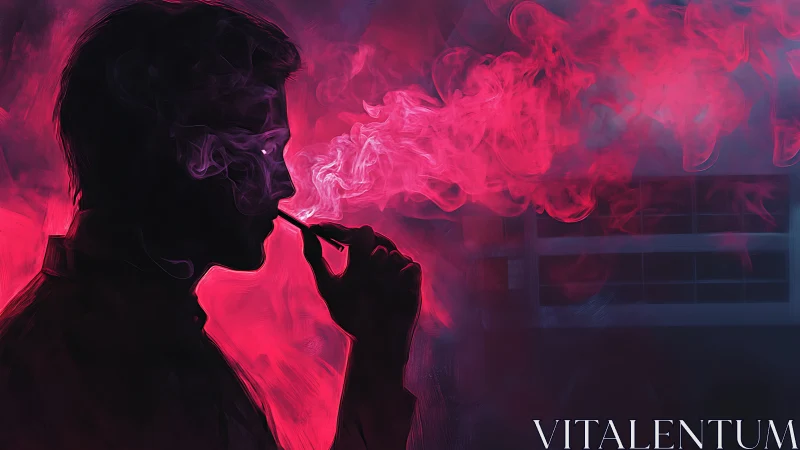 Silhouetted man exhales vivid neon vapor in moody night glow
