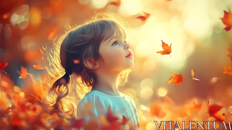 Child gazing upward amid falling autumn leaves in golden light.