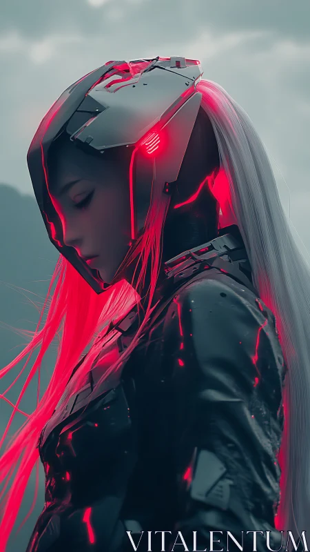 Cyborg operative in reflective armor with neon subsurface red glow