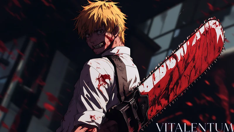 Grinning chainsaw wielder in a storm of crimson petals.