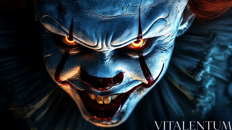 Close-up digital rendering of sinister clown face at night.
