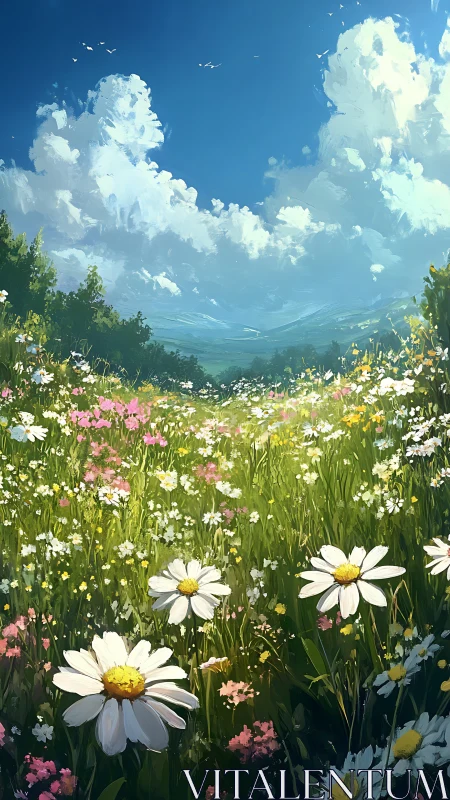 Wildflower meadow under cumulus cloud formation at midday.