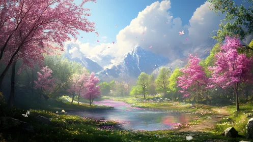 Spring blossoms surround a tranquil mountain lake in bloom.
