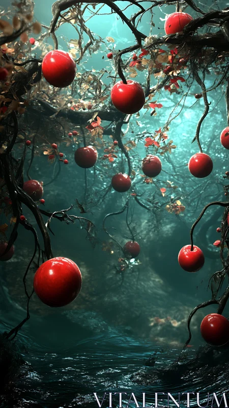 Red orbs hanging from twisted branches over dark water.