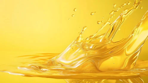 Splash of Golden Liquid Against Vibrant Yellow Background, Modern.