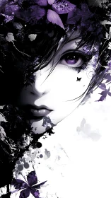 High contrast anime portrait with violet floral ink splashes