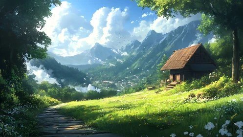 Mountain meadow landscape with wooden cabin and village