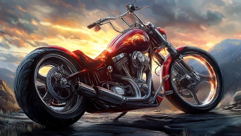 Custom red motorcycle burns against a stormlit mountain sunset