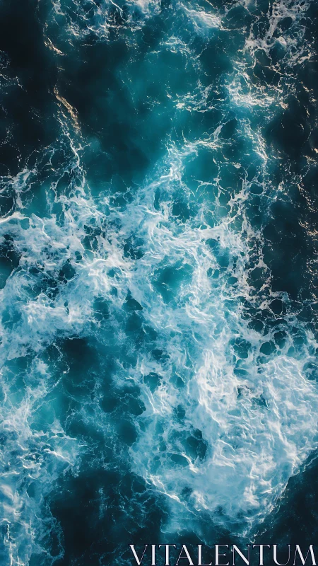 Turbulent teal ocean waves crash and churn in overhead view