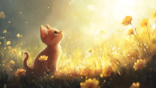 Golden backlit kitten observes luminous meadow blooms