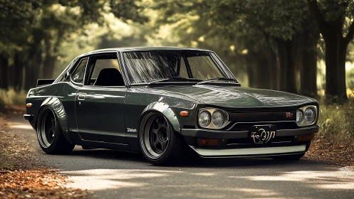 Classic green coupe rests peacefully on a sunlit forest road