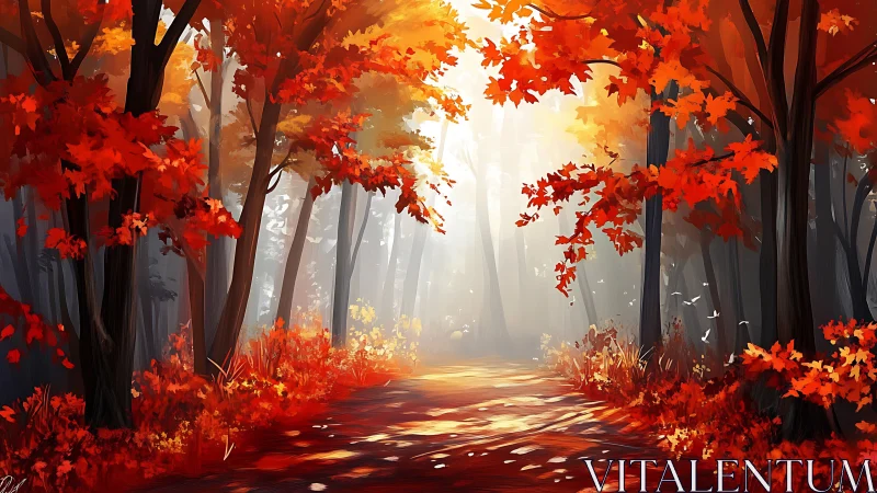 Forest pathway with autumn foliage rendered in digital illustration
