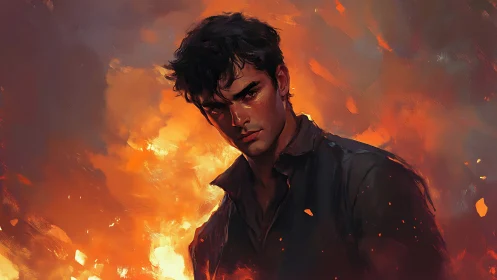 Volcanic backlit portrait of brooding male figure in flames.