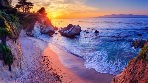 Sunlit coastal cove with waterfall, saturated dusk color gradients