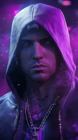 Hooded cyberpunk character in neon purple lighting portrait.