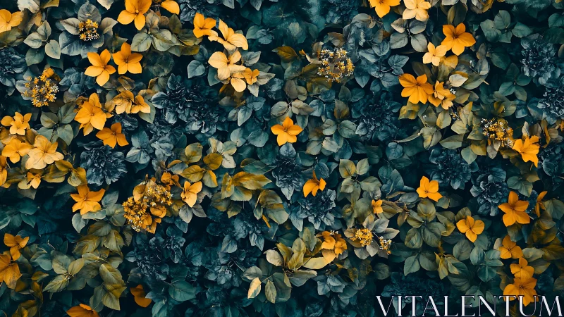 Golden Blooms Among Deep Teal Foliage.