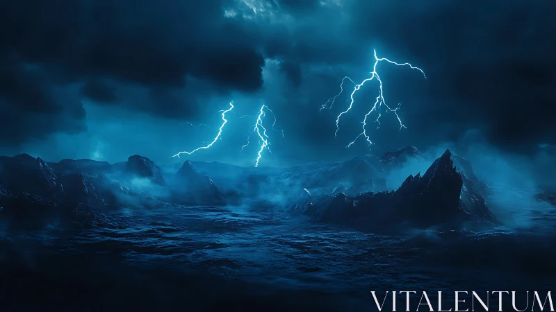 Electric storm over dark alien seascape at night.