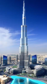 Tall glass-clad skyscraper rises above mixed-use podium