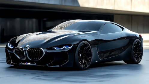 Sleek black BMW sports coupe stands under modern concrete structure
