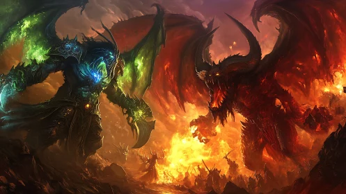 Colossal infernal titans waging war in blazing hellscape.