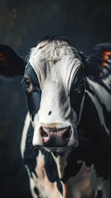 Frontal portrait shows a black and white cow under soft light