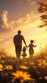 Sunlit family silhouettes walking through golden meadow at dusk.