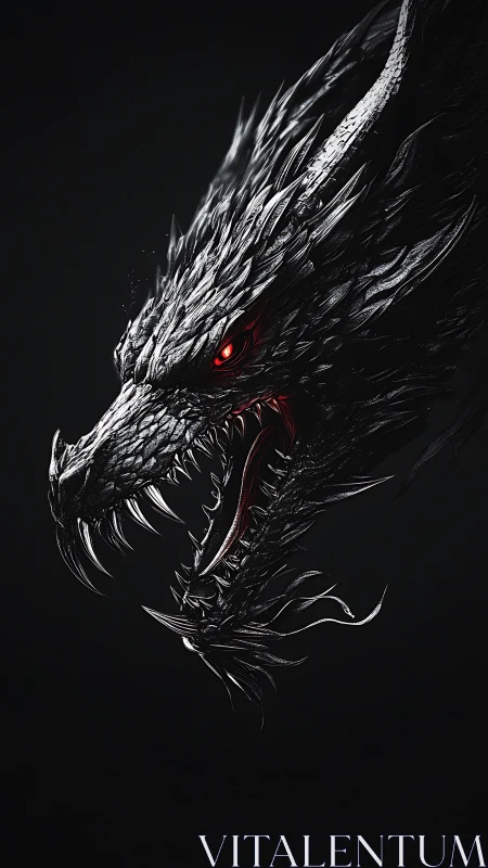 Sharp-edged black dragon head with glowing red eye.