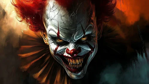 Sinister demonic clown grins amid fiery shadowed smoke.