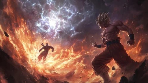 Two muscular figures confront amid fiery crater and storm