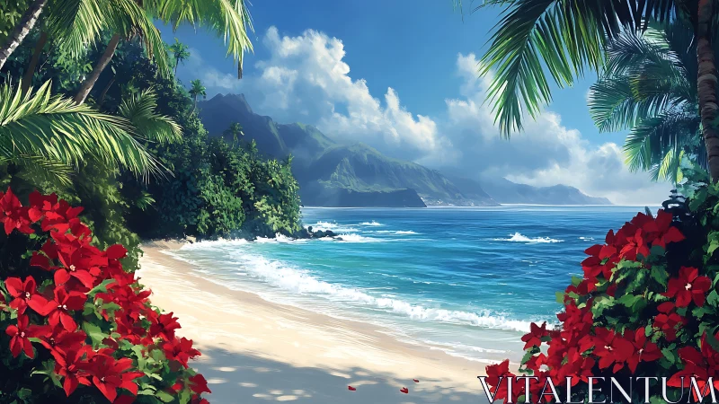 Tropical Paradise: Mountain Cove with Red Bougainvillea.