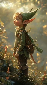 Elf child stands in forest clearing under diffused sunlight