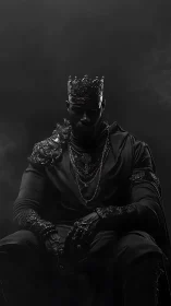 Monochrome regal warrior in ornate crown and dark armor