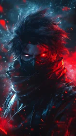 Masked cybernetic ronin portrait in red blue neon atmosphere