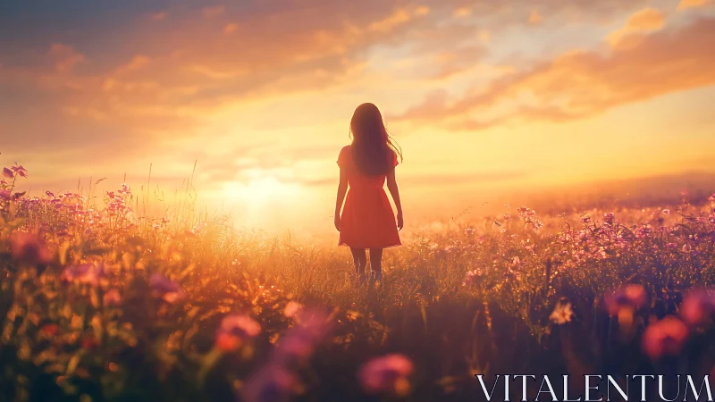 Backlit silhouette in luminous wildflower field at sunset.