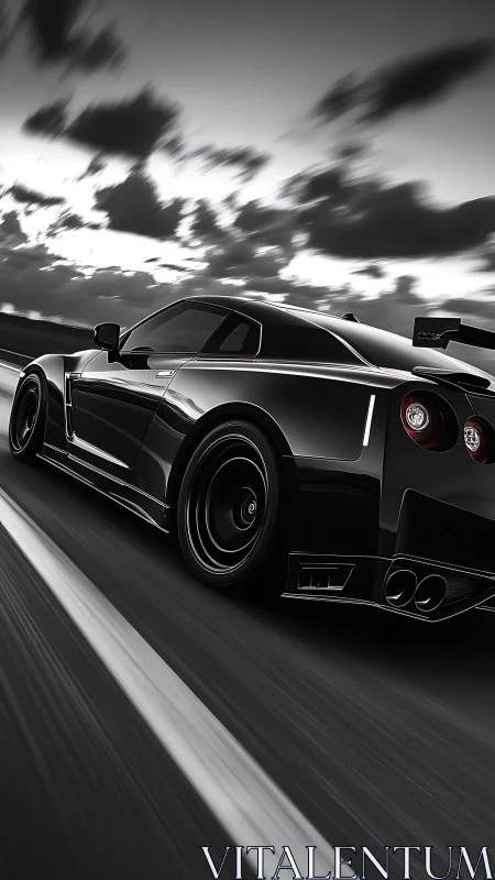 Black sports car speeding down highway at dramatic sunset.