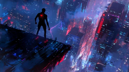 Spider-suited vigilante overlooking neon cyberpunk cityscape.