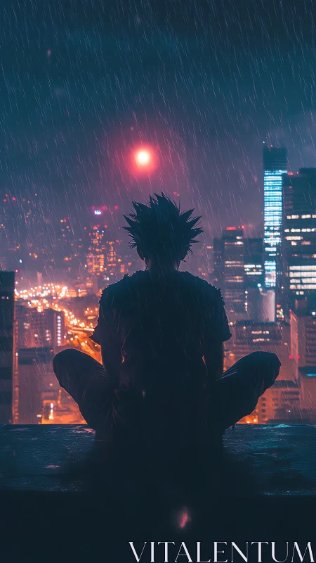 Silhouetted lone figure meditates over neon city in rain