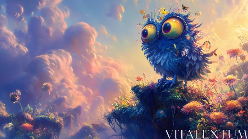 Large-eyed blue owl stands on floral cliff in vivid sky