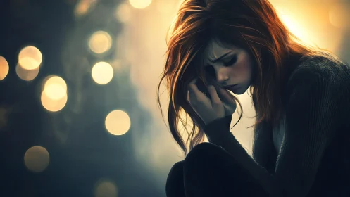 Lanterns of sorrow glow around a girl lost in nightfall.