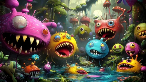 Colorful round monsters crowd a glowing swamp forest scene