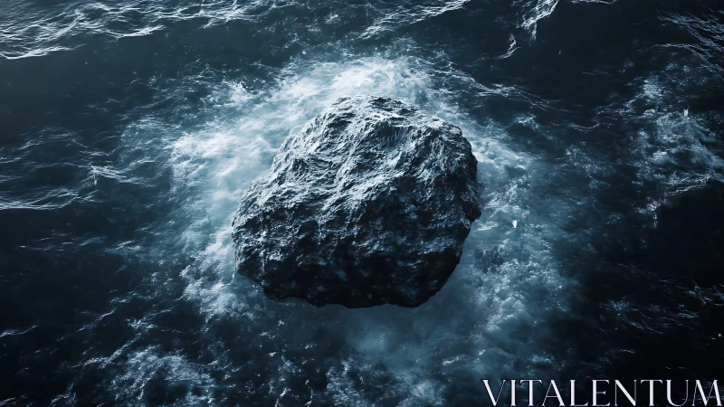 Isolated sea rock in swirling dark blue ocean waters.