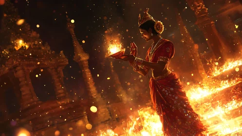 Temple ember dancer cradling sacred fire in twilight blaze.