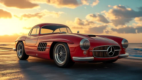 Sunlit red classic coupe resting by a peaceful seaside road.