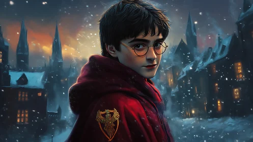 Young figure in red cloak stands before snowbound towers