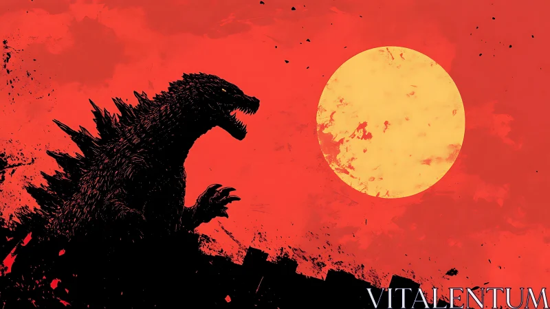 Monochrome kaiju silhouette against oversized solar disc.