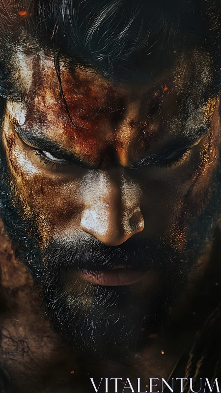 Battle-scarred warrior stares forward with intense resolve