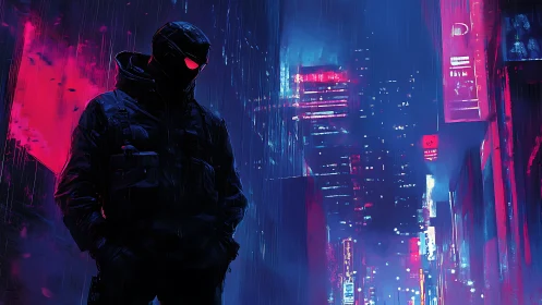 Hooded cyberpunk figure waits in neon-soaked rainy alleyway.