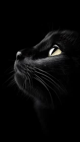 Black Cat Portrait with Striking Amber Eyes Against Dark Background.