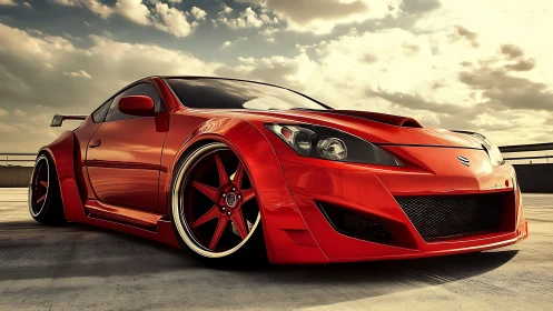 Wide-body red tuner coupe rendered with dramatic low-angle lighting