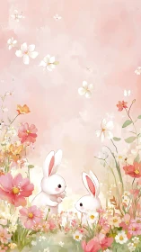 White rabbits in stylized floral field on soft pink ground.